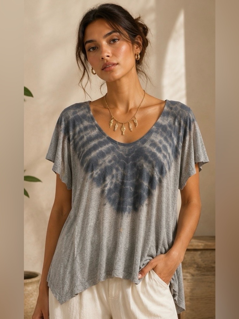 fraiche by J Tie Dye Flutter Tee Womens XS Gray Blue Relaxed Top